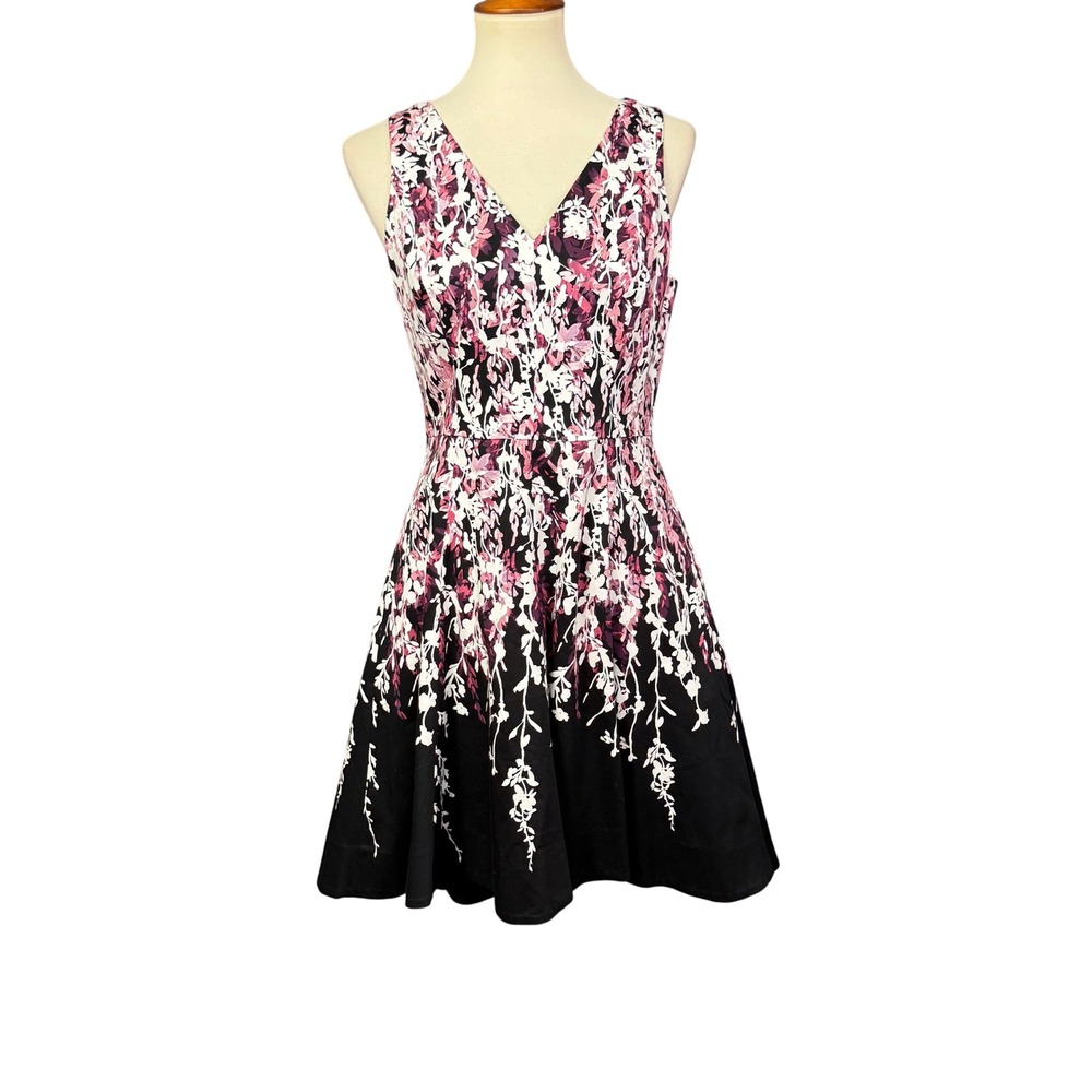 WHBM Dress Womens 6P Petite Pink Black Floral Fit & Flare Mid Sleeveless Party